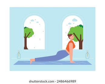 Beautiful woman doing concentration yoga with nature view window and aroma therapy. Character design. Vector flat illustration