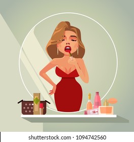 Beautiful woman doing make up dye lips in mirror reflection. Beauty concept isolated flat cartoon graphic design illustration