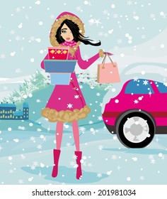 beautiful woman doing the shopping in winter 