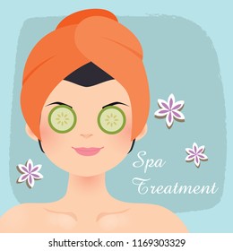 Beautiful Woman Doing Spa Treatment with Cucumber Vector