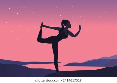 Beautiful woman doing yoga exercise on the beach vector illustration. Health lifestyle workout concept