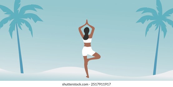 Hermosa mujer haciendo ejercicio de yoga en la Ilustración vectorial de la playa. Concepto de entrenamiento de estilo de vida saludable
