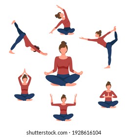 Beautiful woman doing yoga exercises. Set of seven yoga poses for easy yoga at home. Set for sport at home. Vector illustration of a beautiful cartoon woman in various yoga poses