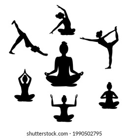 Beautiful woman doing yoga exercises, black silhouette on white background. Set of seven yoga poses for easy yoga at home. Set for sport at home. Vector illustration of girls in various yoga poses	