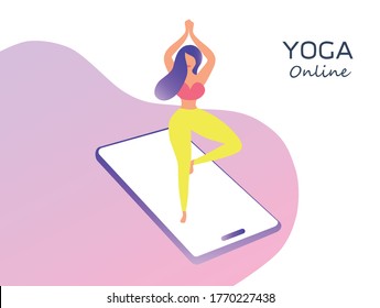 Beautiful woman doing yoga at home from online class yoga vector illustration. Online learning  lifestyle concept 