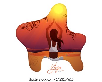 Beautiful woman doing yoga for International Yoga Day poster or banner design in paper cut style.