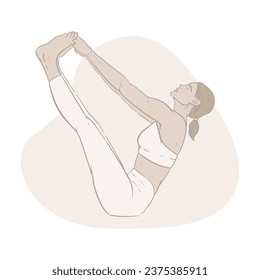 Beautiful woman doing yoga. Sportswear, pastel colors. Flexible and fit body. Cooldown workout, full body stretch. Morning routine for mental and physical wellness. Vector illustration, fashion sketch