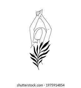 Beautiful woman drawing in simple minimal line art style. Female face with palm leaf on white background. Pretty lady vector concept for summer vacation, travel, beach design, wellness