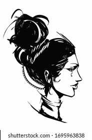 A beautiful woman is drawn in profile, in a sketch style, with a straight nose and a long neck. 2D illustration