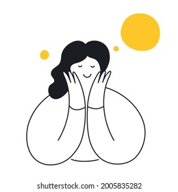 A beautiful woman dreaming about something pleasant, exciting, and admired. Elegant girl with dream bubbles and a smiley face. Thin line elegant vector illustration.