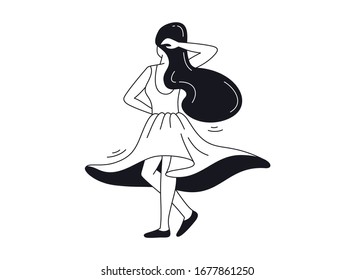 Beautiful woman in dress dancing.  Vector illustration concept in flat line black and white style.