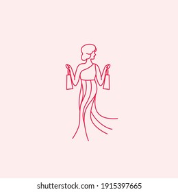 Beautiful Woman In Dress Holding Shopping Bags Line Art Outline Logo Icon Sign Design Template Vector Illustration