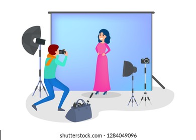 Beautiful woman in dress making photoshoot on the blue background. Various equipment such as softbox and camera. Isolated flat vector illustration