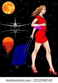 A beautiful woman in a dress with a travel bag at the airport. Night, moon, stars.