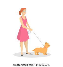 Beautiful woman in the dress waking a pet dog. Cute girl walk with an animal on a leash. Isolated vector illustration in cartoon style