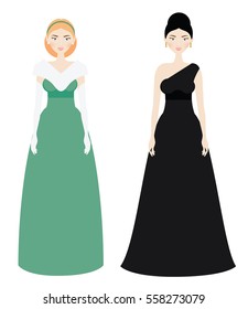 Beautiful Woman dresscode. Smiling Female in luxury evening long gown dresses. Black tie and white tie types. Elegant outfit. Vector illustration