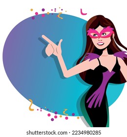 Beautiful woman dressed for carnival night. Smiling woman ready to enjoy the carnival with a colorful mask. Pointing side.