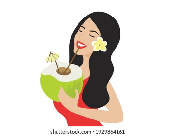 Beautiful woman drinking coconut water isolated vector illustration. Summer concept