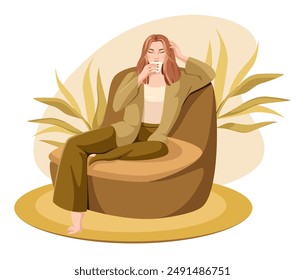 A beautiful woman is drinking coffee on an armchair. Rest and relaxation. A cozy vector illustration.