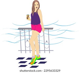 The beautiful woman is drinking her morning coffee leaning on an iron railing with the blue waves of the river behind her