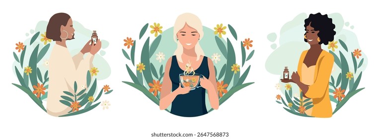 Beautiful woman drinking herbal tea for health. Alternative medicine and herbal medicine. Relax and unwind. Vector illustration set