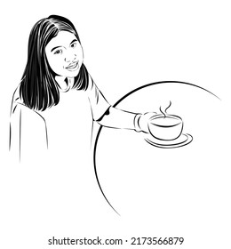 Beautiful woman drinking hot coffee. Hand-drawn style vector design illustrations. Sketchy doodle.