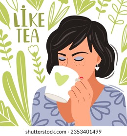 Beautiful woman drinking tea from a mug. Vector of woman beautiful drink, girl with coffee or tea illustration