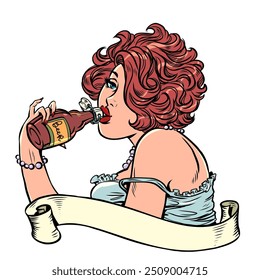 Beautiful woman drinks a bottle of beer and a ribbon for the inscription. Advertising new beer in a bar and restaurant. Participant of the national beer festival Oktoverfest Comic cartoon pop art