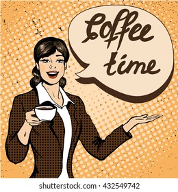 Beautiful woman drinks coffee vector illustration in retro comic pop art style. Coffee time concept poster.