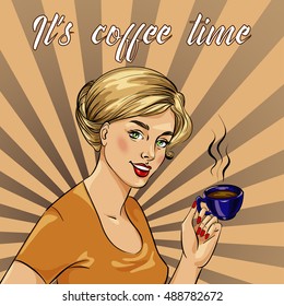 Beautiful woman drinks coffee vector illustration in retro comic pop art style. Coffee time concept poster.