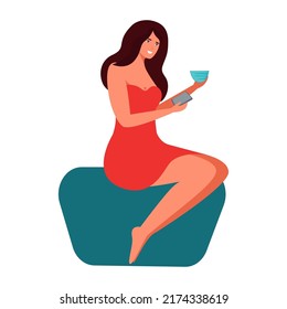 A beautiful woman drinks tea and looks into the phone, has a rest. The girl chats in the smartphone online. Vector illustration isolated on white background.
