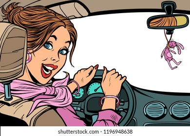 Beautiful woman driver in car  Isolate white background  Inside view the cabin  Comic cartoon pop art retro vector illustration drawing