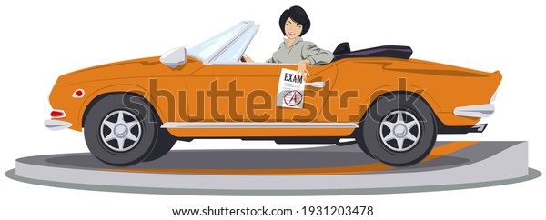 Beautiful woman\
at driving lesson. Driver\'s license. Illustration concept for\
mobile website and internet\
development.