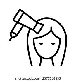 Beautiful woman drying her hair with hairdryer. Dryer hair icon, hairdryer with blow air, use appliance, thin line web symbol. Vector outline illustration.