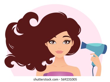 Beautiful woman drying her hair with hairdryer. Vector illustration