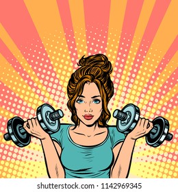 Beautiful woman with dumbbells in gym. Pop art retro vector illustration kitsch vintage