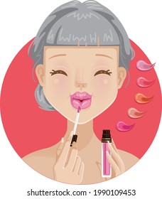 Beautiful woman dyes her lips pink lip gloss or liquid lip lipstick.