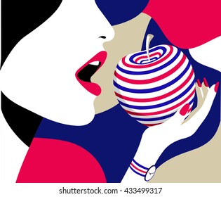 Beautiful woman eating apple. Trendy strip. High fashion, vogue style. Bright minimalism. Modern pop art background. Vector illustration