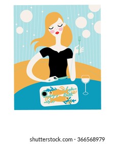 Beautiful woman eating fish and drinking white wine  in restaurant. Pisces zodiac. Vector illustration
