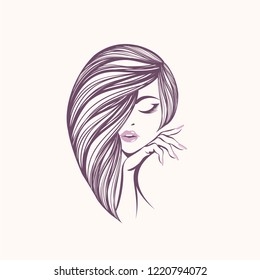 Beautiful Woman With Elegant Hairstyle, Makeup And Manicure.Beauty,nails Art And Hair Salon Vector Icon.Illustration Of A Young Woman Portrait Isolated On Light Background.