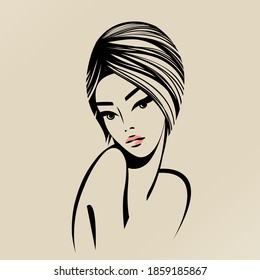 Beautiful woman with elegant hairstyle and makeup.Beauty and hair salon vector logo isolated on light background.Cosmetics studio icon.Pink lipstick and long eyelashes.Cute female.Young lady face.