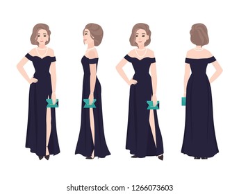 Beautiful woman with elegant hairstyle wearing long off-shoulder evening dress for red carpet ceremony. Female character isolated on white background. Front, side, back views. Vector illustration.