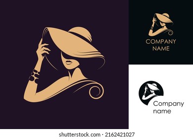 Beautiful woman in elegant hat vector illustration. Silhouette logo design.