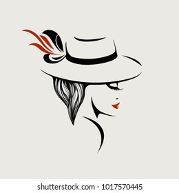 Beautiful woman with elegant hat.Retro style vector icon.