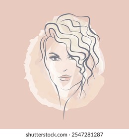 Mujer hermosa con el maquillaje elegante y el peinado rizado. Moda, salón de belleza ilustración. Retrato de jovencita. Lindo logotipo de cara sonriente femenina.