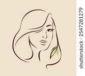 Beautiful woman with elegant makeup and long wavy hairstyle. Fashion, beauty hair salon illustration. Young lady portrait. Cute face line art logo.