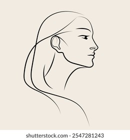 Mujer hermosa con el maquillaje elegante y el peinado ondulado largo. Moda, salón de belleza línea de arte ilustración. Retrato de perfil de dama joven. Lindo logotipo de la cara.