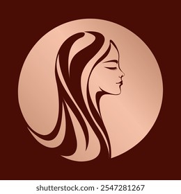 Mujer hermosa con el logotipo elegante del maquillaje y del peinado ondulado largo. Moda, salón de belleza ilustración. Retrato de jovencita. Cara linda emblema de círculo de oro rosa.