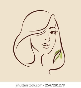 Schöne Frau mit elegantem Make-up und lange wellige Frisur. Mode, Schönheitssalon Illustration. Porträt einer jungen Dame. Nettes Face Line Art Logo.