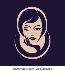 Hermosa mujer con elegante maquillaje y peinado retro. Moda, salón de belleza ilustración. Retrato de jovencita. Logo de cara femenina sonriente lindo.